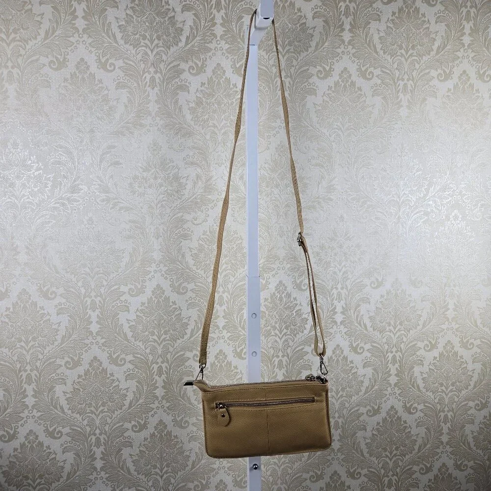 Befen Khaki Tan Pebbled Cowhide Leather Crossbody Bag Adj Removable Strap